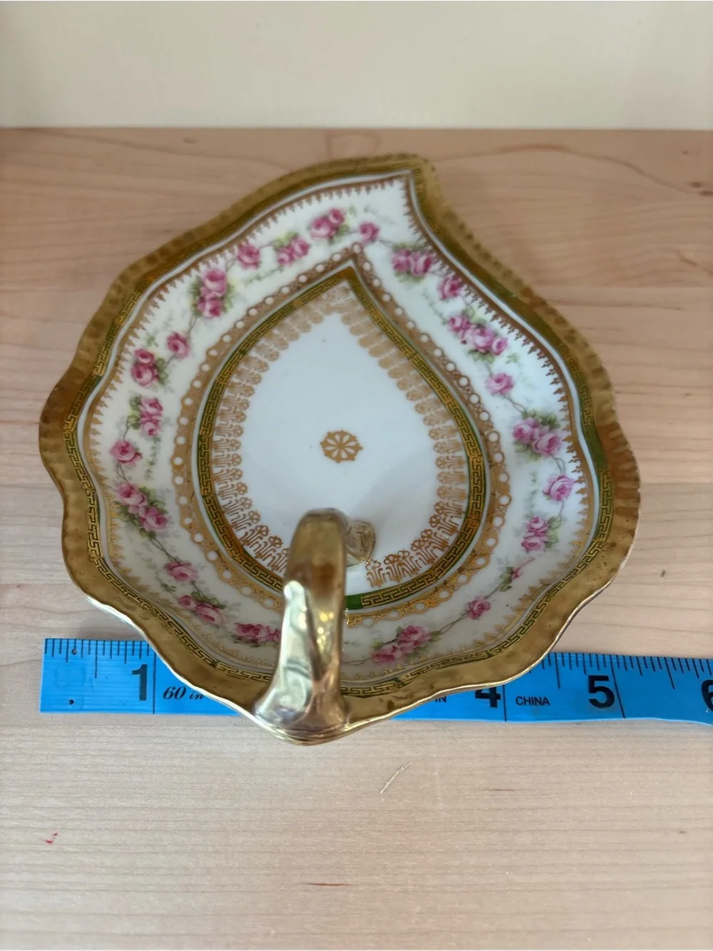 Antique Heinrich & Co Bavarian Porcelain Leaf Dish Gold Gilt Rose Trinket Tray